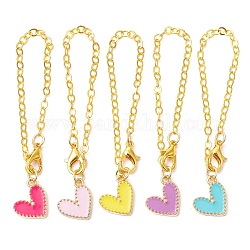 Heart Alloy Enamel Pendant Decoration, with Golden Tone Brass Chain, Mixed Color, 130mm