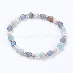 Bracelets élastiques, avec des perles d'amazonite de fleurs naturelles et de pierre de lune synthétique, classer des perles de perle et des perles en laiton texturées, 2-1/4 pouce (5.6~5.8 cm)