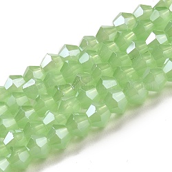 Nachahmung Jade galvanisieren Glasperlen Stränge, Mit Perlglanz plattiert, facettiert, Doppelkegel, grün, 4x4 mm, Bohrung: 0.8 mm, ca. 87~98 Stk. / Strang, 12.76~14.61 Zoll (32.4~37.1 cm)