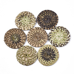 Handmade Reed Cane/Rattan Woven Beads, For Making Straw Earrings and Necklaces, No Hole/Undrilled, Flat Round, Mixed Color, 48~55x5~7mm