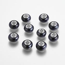 Handgemachte Porzellan europäischen Perlen, mit silberner Farbe Messing-Doppelkerne, Rondell, Schwarz, 15x10~11 mm, Bohrung: 5 mm