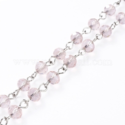 Chaînes de perles de verre électrolytique manuelles, avec épingle à oeil en fer platiné, non soudée, rose, 39.37 pouce (100 cm), perles: 6x4.5 mm