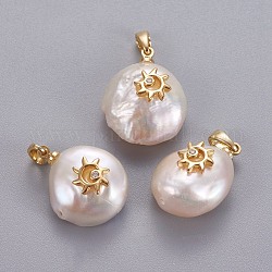 Colgantes naturales de perlas cultivadas de agua dulce, con micro latón allanar fornituras de circonio cúbico, pepitas con sol, Plateado de larga duración, dorado, Claro, 17~27x12~16x6~12mm, agujero: 4x2.5 mm