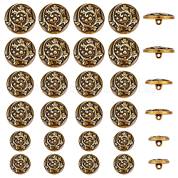 Chgcraft 30 pz 3 bottoni con gambo in lega di stile, 1-foro, piatta e rotonda con foglia modello, oro antico, 15~23x3~4mm, Foro: 2 mm, 10pcs / style