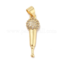 Brass Micro Pave Cubic Zirconia Pendants, Cadmium Free & Lead Free, Long-Lasting Plated, Microphone, Clear, Real 18K Gold Plated, 24x7.5x3mm, Hole: 3.5x4mm