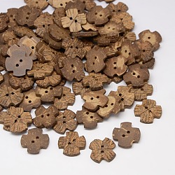 Accessoires de vêtement ethniques de boutons de couture de noix de coco d'accessoires en bois avec 2 trou, fleur, brun coco, 19~20x19~20x3~4mm, Trou: 2mm