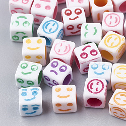 Craft Acrylic Beads, Cube with Mixed Expression, Colorful, 6x6x6mm, Hole: 3.5mm, about 3000pcs/500g
