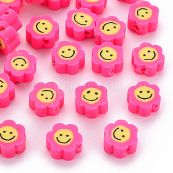 Handmade Polymer Clay Beads, Flower with Smiling Face, Deep Pink, 9~10x8~9x4~5mm, Hole: 1.4~1.6mm