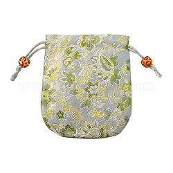 Chinese Style Flower Pattern Satin Jewelry Packing Pouches, Drawstring Gift Bags, Rectangle, Light Grey, 10.5x10.5cm