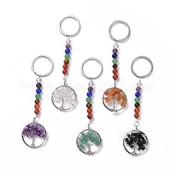 Porte-clés chakra de pierres précieuses, avec des porte-clés en alliage et des pendentifs en laiton, anneau avec arbre de vie, platine, 123mm