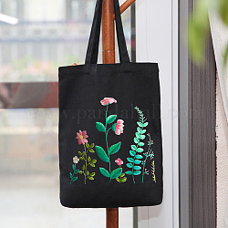 DIY Flower Pattern Black Canvas Tote Bag Embroidery Kit, including Embroidery Needles & Thread, Cotton Fabric, Plastic Embroidery Hoop, Black, 390x340mm