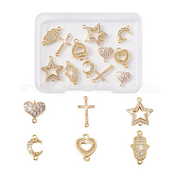 12Pcs 6 Styles Brass Micro Pave Clear Cubic Zirconia Connector Charms, Sideways Cross & Star & Hamsa Hand & Moon & Heart, Mixed Shapes, Golden, 10~17.5x7~15x1.5~2.5mm, Hole: 0.8~1.5mm, 2ps/style 