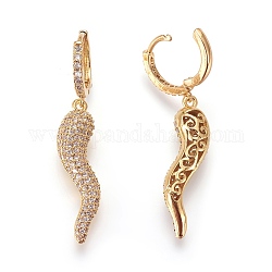 Brass Cubic Zirconia Hoop Earrings, Dangle Earrings, Horn of Plenty/Italian Horn Cornicello,Clear, Golden, 46mm, Pendant: 31x8x7mm, Pin: 1mm