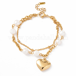 Pulsera de varios hilos con cuentas de perlas naturales y dije de corazón con 304 cadena de acero inoxidable para mujer, dorado, 6-7/8 pulgada (17.4 cm)