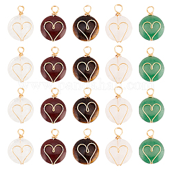 DICOSMETIC 20Pcs 5 Styles Natural Mixed Stone Copper Wire Wrapped Pendants, Natural Red Rainbow Jasper & Quartz Crystal & Green Aventurine & Rose Quartz & Tiger Eye, Flat Round with Heart Charm, Real 18K Gold Plated, 22x16x5.5mm, Hole: 3~4.5mm, 4pcs/style 