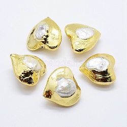 Culture des perles perles d'eau douce naturelles, bord plaqué or, cœur, blanc, 28~30x27.5~30x15~21mm, Trou: 1mm