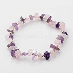Bracelets élastiques en pierres gemmes, avec les accessoires en fer, perles d'améthyste naturelle et de quartz rose plaquées couleur argent, violet et rose, 55mm