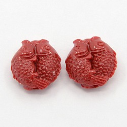 Synthetic Coral Beads, The Undersea World Series, Double Fish/Pisces, Dyed, Red, 14x13x6mm, Hole: 1mm