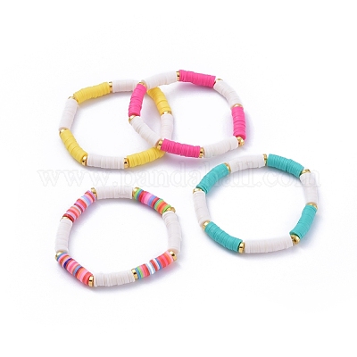 Handmade Polymer Clay Heishi Beads Stretch Bracelets, with Alloy