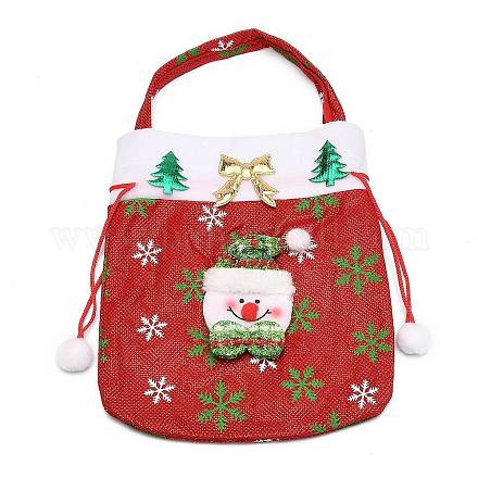 クリスマスの布キャンディーバッグの装飾  巾着漫画人形バッグ  ハンドル付き  クリスマスパーティースナックギフトオーナメント用  レッド  雪だるま模様  32.5x20x1.3cm ABAG-I003-05C-1
