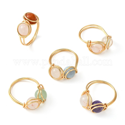 5 個 5 スタイルの天然混合宝石ラウンド指輪セット  ゴールデン銅ワイヤーラップリング  usサイズ8 1/2(18.5mm)  1個/スタイル RJEW-JR00590-01-1
