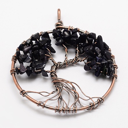 Tree of Life Synthetic Blue Goldstone Bead Brass Wire Wrapped Big Pendants KK-L136-02A-NR-1