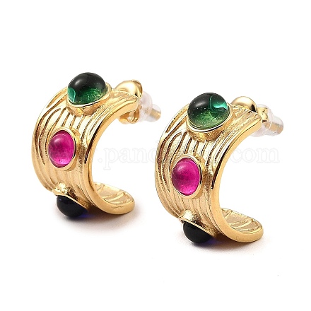 Real 18K Gold Plated 304 Stainless Steel Arch Stud Earrings with Resin Beaded EJEW-G358-01G-03-1