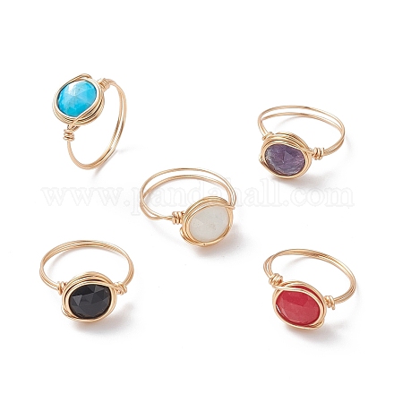 Плоские круглые кольца из натуральных смешанных драгоценных камней RJEW-JR00565-1