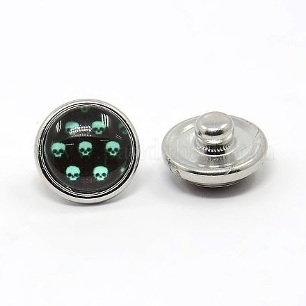 Plaqué platine verre ronde en laiton plat avec boutons pression de bijoux de crâne SNAP-M018-02-1