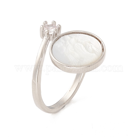 Shell Flat Round Open Cuff Ring with Clear Cubic Zirconia RJEW-P030-01P-1