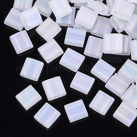 2穴透明ガラスシードビーズ  つや消しab色  長方形  ホワイト  5x5~5.5x2~2.5mm  穴：0.7mm SEED-T004-02C-01-1