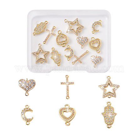 12Pcs 6 Styles Brass Micro Pave Clear Cubic Zirconia Connector Charms KK-TA0001-14-1