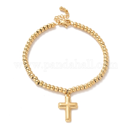 Vacuum Plating 304 Stainless Steel Cross Charm Bracelet with 201 Stainless Steel Round Beads for Women BJEW-B057-04G-1
