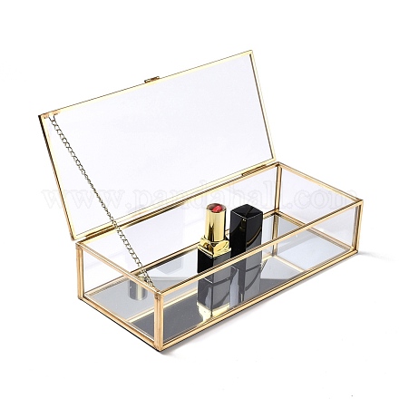 長方形の透明なガラスのジュエリーチェスト  フリップカバー付き  ジュエリーディスプレイ化粧品収納ボックス用  ゴールドカラー  23x10.1x5.5cm  内径：22.5x9.4のCM CON-I010-01G-1