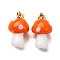 Handmade Lampwork Pendants, Mushroom, with Rack Plating Golden Tone Brass Findings, Long-Lasting Plated, Golden, Dark Orange, 19~21x11~13mm, Hole: 4.5x3.5mm