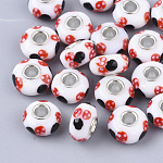 Abalorios europeos / Cuentas europeas de murano hechos  a mano, Abalorios de grande agujero, Con núcleos simples de latón chapado en color plateado, rerondana plana, rojo, 14x7.5mm, agujero: 4 mm