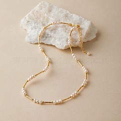 Collane con maglie in ottone con perle di acqua dolce naturali e perline di patate per le donne, bianco floreale, vero placcato oro 18k, 16.06 pollice (40.8 cm)