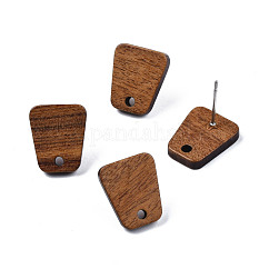 Fornituras de aretes de madera de nogal, Con orificio y pasador de acero inoxidable 304, trapezoide, Perú, 14x12mm, agujero: 1.8 mm, pin: 0.7 mm