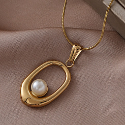Collane con ciondolo ovale in acciaio inossidabile chirurgico 316 con perla sintetica per donna&nbsp;CK2829