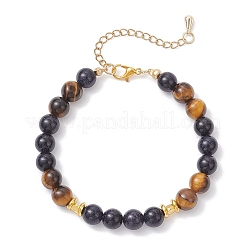 Braccialetti rotondi con perline in occhio di tigre naturale e pietra blu sintetica per donna&nbsp;BJEW-JB12239-01