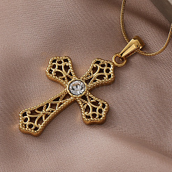 Colliers pour femmes avec pendentif croix creuse en acier inoxydable 304 et verre transparent&nbsp;CZ9498