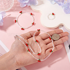 Halsketten & Armband & Fingerring-Sets aus Kirschglasperlen für Damen&nbsp;SJEW-TA0001-07