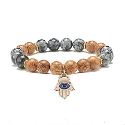 Bracelet extensible perlé en bois de wengé naturel et pierres précieuses avec main hamsa avec charme mauvais œil&nbsp;BJEW-JB07819