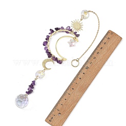 Sonnenfänger aus natürlichen Amethyst- und Sternglasperlen mit Messing-Sonne-Mond-Anhänger&nbsp;HJEW-JM05016-02