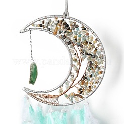 Trucioli di amazzonite naturale perline albero della vita luna con decorazioni pendenti di piume&nbsp;HJEW-M004-10