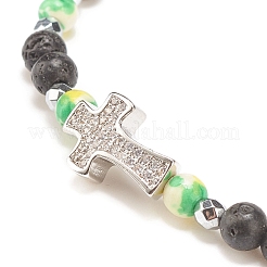 Bracelet extensible en perles de pierres précieuses mélangées naturelles et synthétiques avec croix en zircone cubique transparente pour femme&nbsp;BJEW-JB08247-02