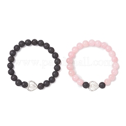 Pulsera elástica de 2 pieza con cuentas redondas naturales de jade mashan rosa y roca volcánica&nbsp;BJEW-JB12879