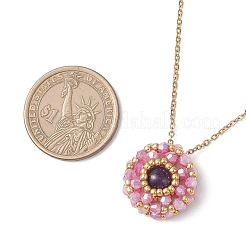 Collier avec pendentif rond plat en améthyste naturelle et perles de verre&nbsp;NJEW-MZ00129-03
