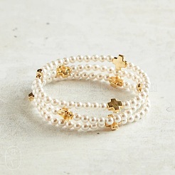 Sommerliche elastische Armbänder aus Messing mit Kreuz und runden Imitationsperlen für Damen&nbsp;NA3901