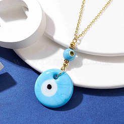 Collier pendentif mauvais œil en verre bleu ciel clair avec chaînes de câbles en alliage&nbsp;NJEW-JN04650-02